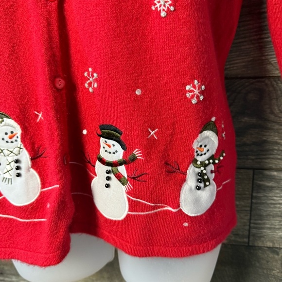 Wish for Joy Red Snowman Cardigan Sweater Large Christmas Embroidered - Picture 5 of 6